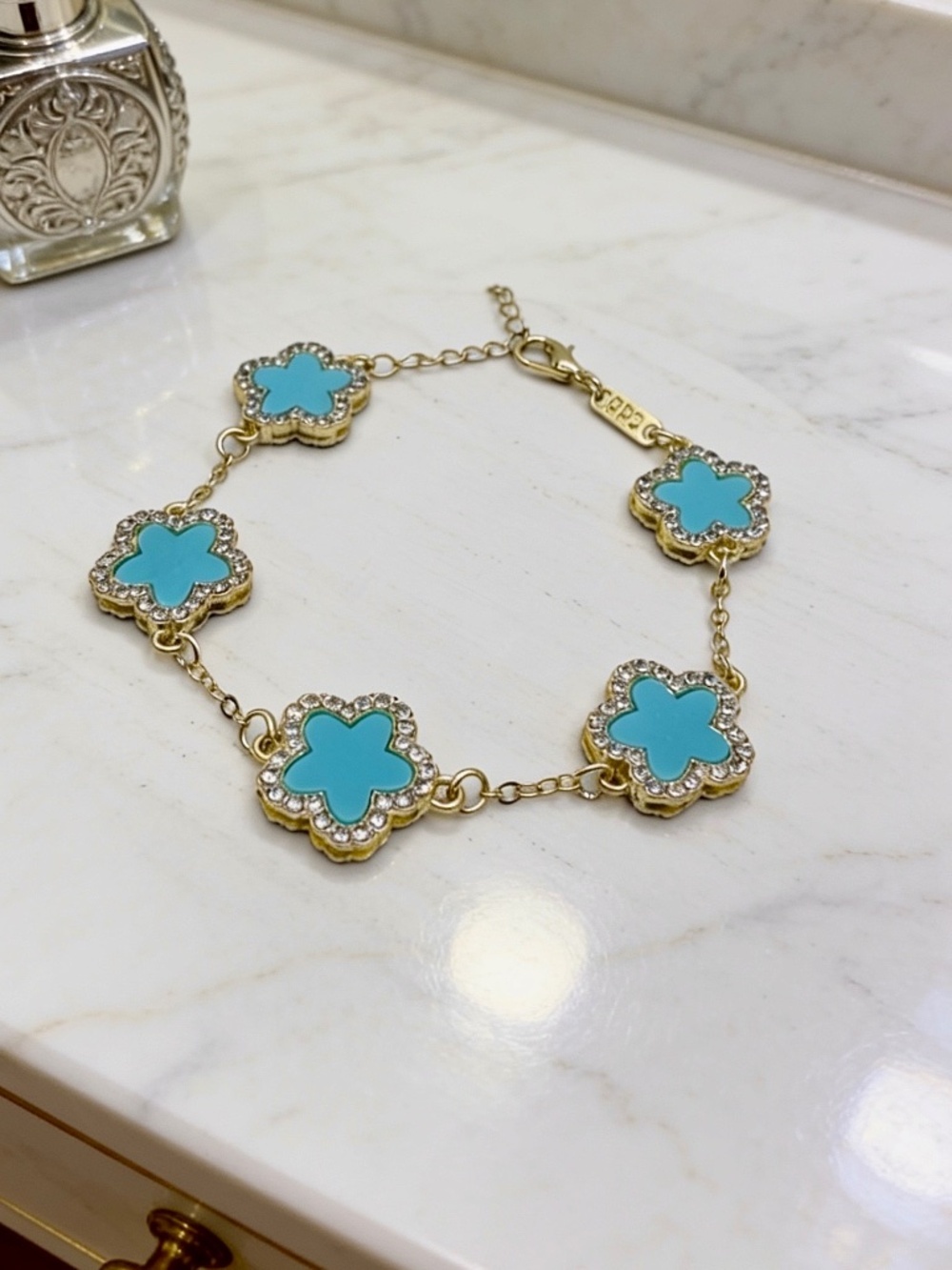 Turquoise Floral Crystal Link Bracelet | Gold Tone Adjustable Statement Bracelet